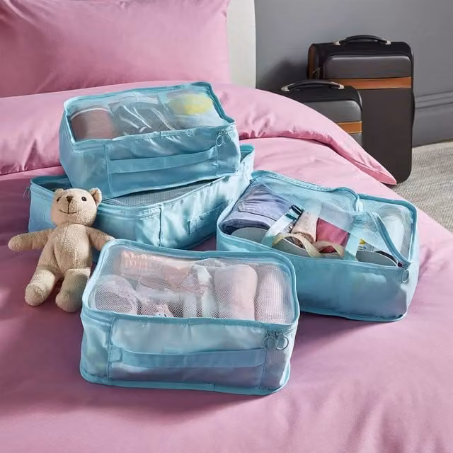 Clarsen Set of 4 Fabric Travel Packing Cubes in Blue, Turquoise and Yellow