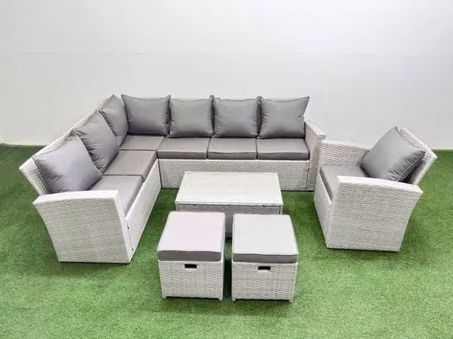 Fimous 9 Seater L-Shape Garden Furniture Set in Light Grey with PE Rattan, Powder Coated Steel Frame and Upholstered Cushions