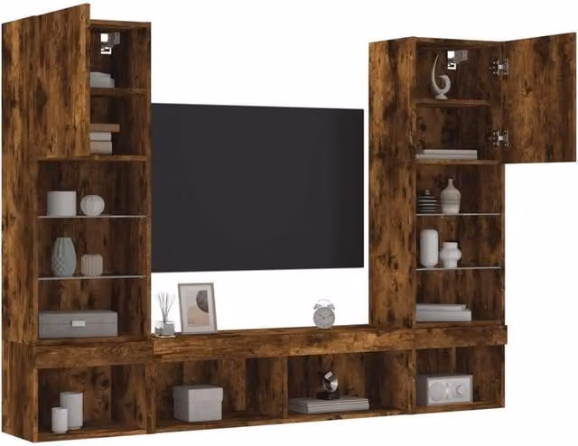 Berkfield Home 5 Piece Modern TV Wall Unit Set with Integrated LED Lighting in Smoked Oak Brown – 1
