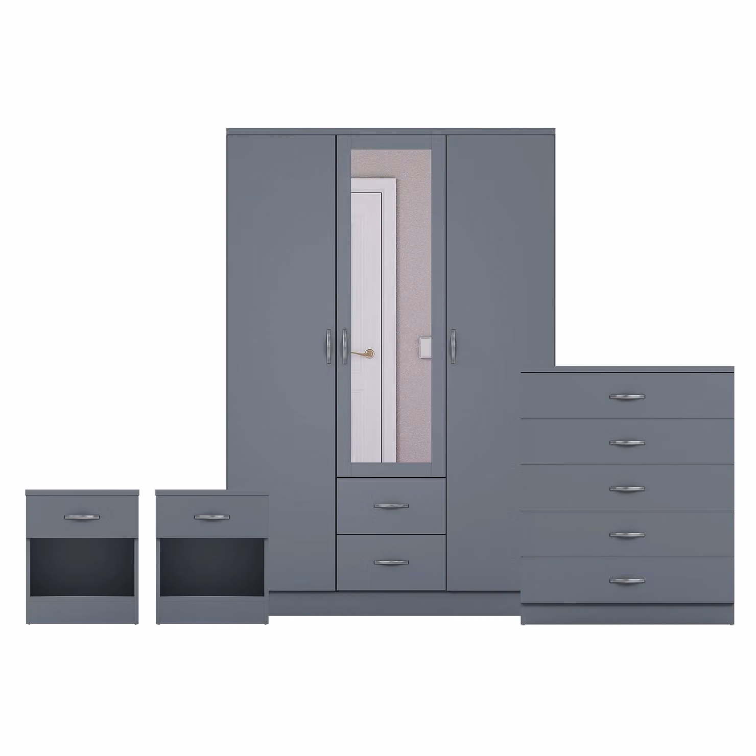 Vida Designs 4 Piece Modern Grey Bedroom Set Including 2 Bedside Tables, 5 Drawer Chest and Mirror Wardrobe – 2