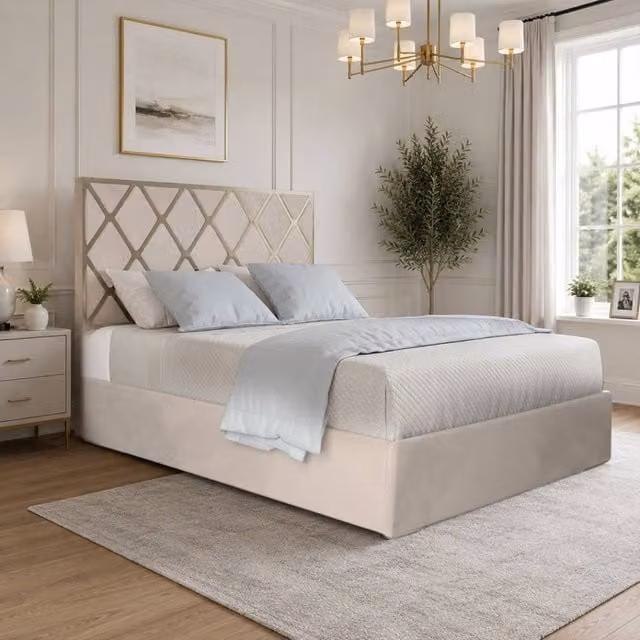 KDMD Wilburton Upholstered Velvet Designer Bed Frame in Beige with Metal Details, W/D/H: 90 x 190 x 127 cm – 1