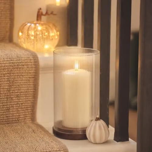Lights4fun TruGlow Large White LED Pillar Candle with Fluted Glass Hurricane Holder and Remote Control – 2