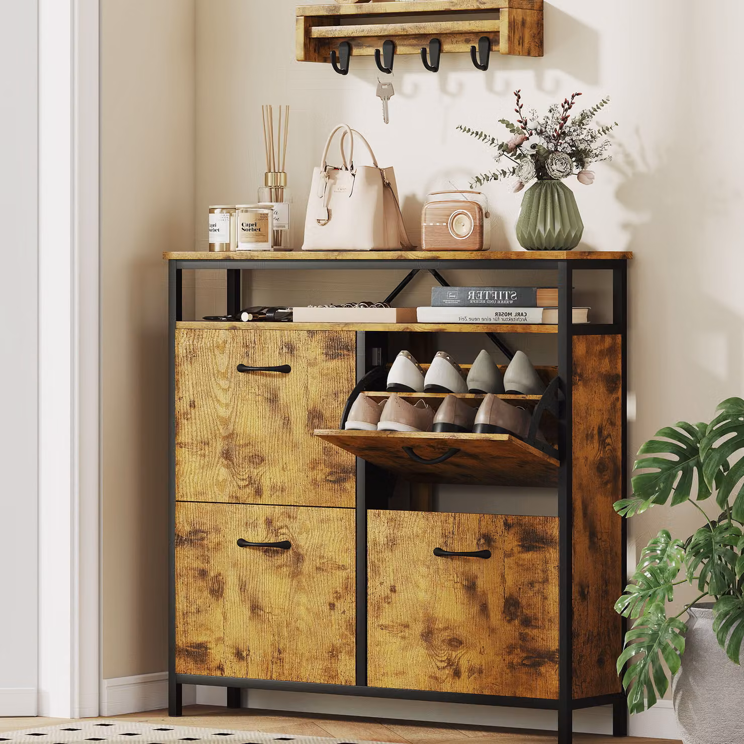 HOMCOM Industrial Shoe Storage Cabinet with 4 Tilting Compartments and Open Shelf, Brown and Black – 2