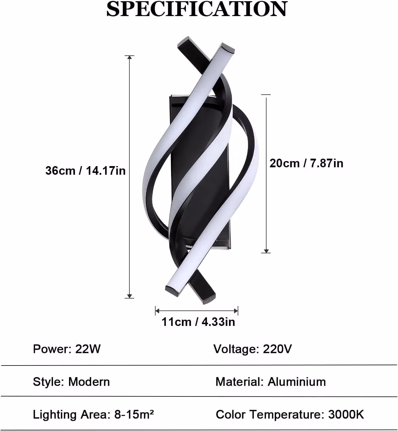 COMELY Modern Spiral LED Wall Light, 22W Black Aluminium Lamp with Warm White 3000K Light – 3