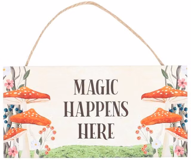 Kingsbury Gifts Magic Happens Here Mushroom Floral Hanging Wood Wall Plaque, Multicolour