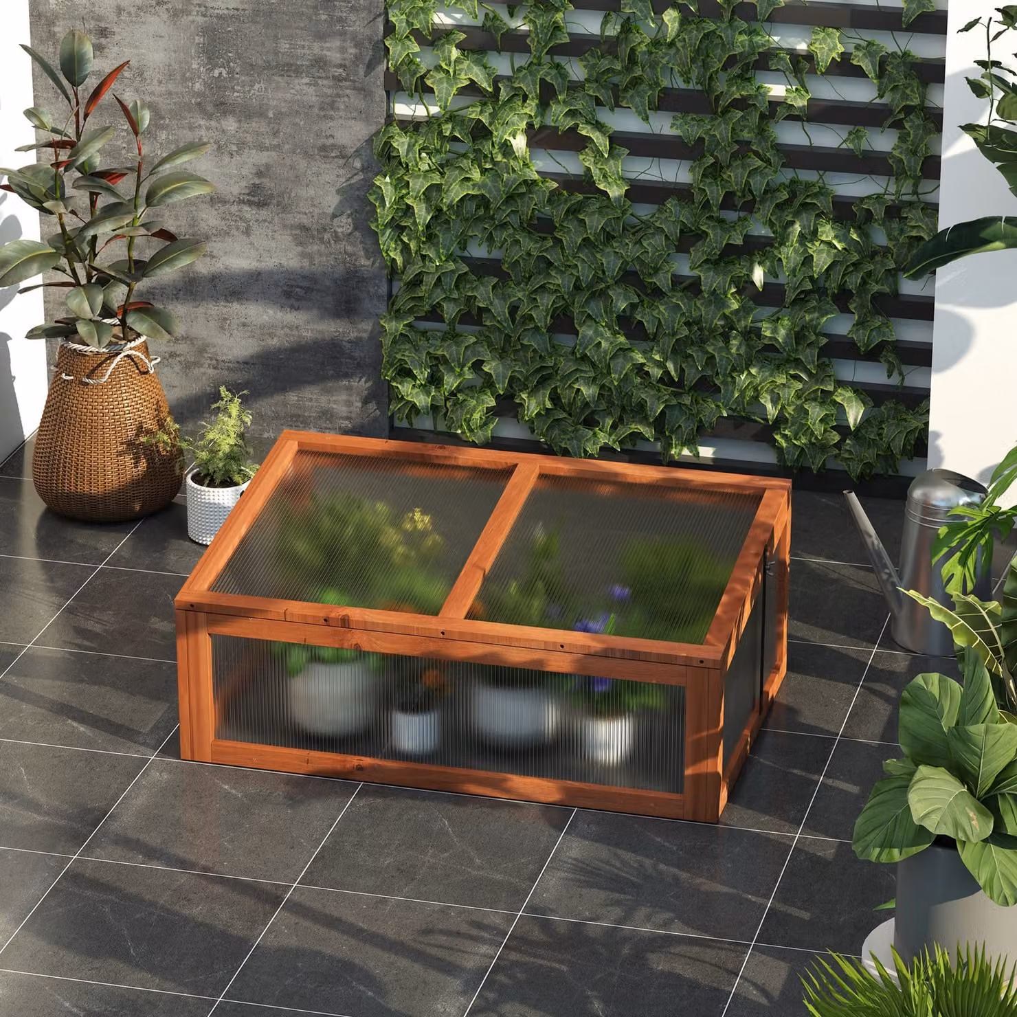 Outsunny Wooden Framed Polycarbonate Cold Frame Greenhouse with Hinged Tilted Top Cover, Brown, W: 100 cm, D: 65 cm, H: 40 cm – 2