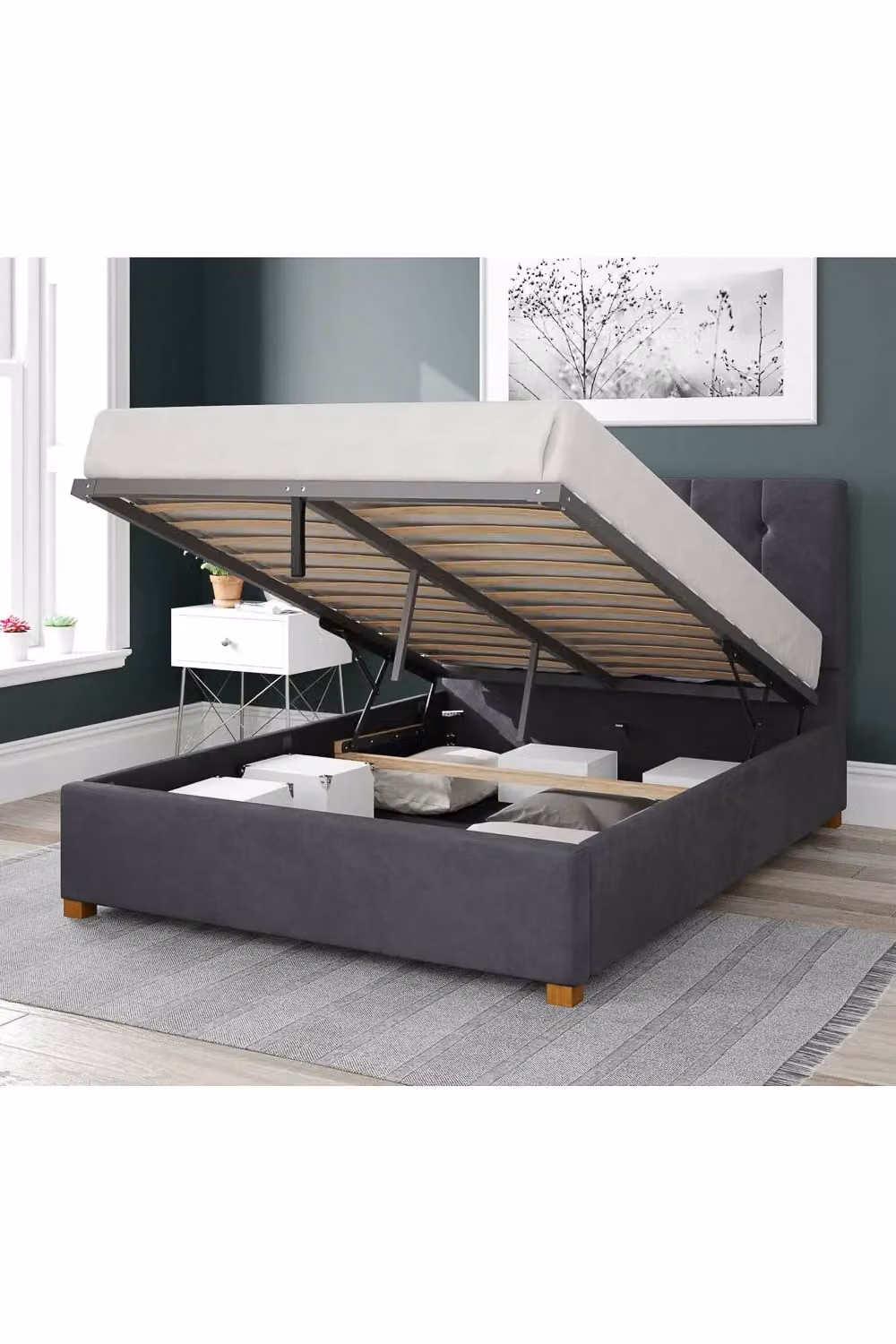 Aspire Hepburn Upholstered Ottoman Storage Bed in Grey Plush Velvet Fabric, W/D/H: 180 x 200 cm – 2