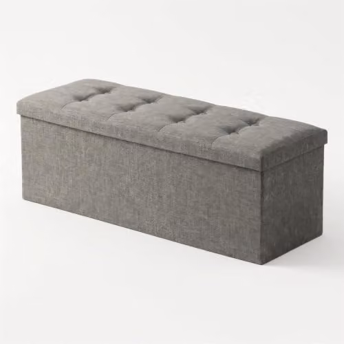 Harbour Housewares Foldable Grey Linen Storage Ottoman Bench, W/D/H: 111 x 37 x 39 cm