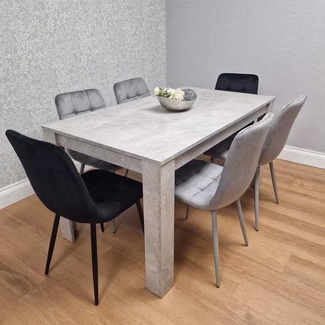 Kosy Koala Stone Grey Effect Wood Dining Table Set with 6 Mixed Velvet Chairs in Brown, Grey and Black