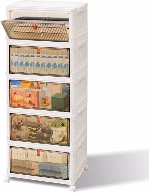 Kelvenix 5 Tier Stackable Plastic Storage Box with Wheels and Lid, White, W/D/H: 98 x 39 x 28 cm – 1