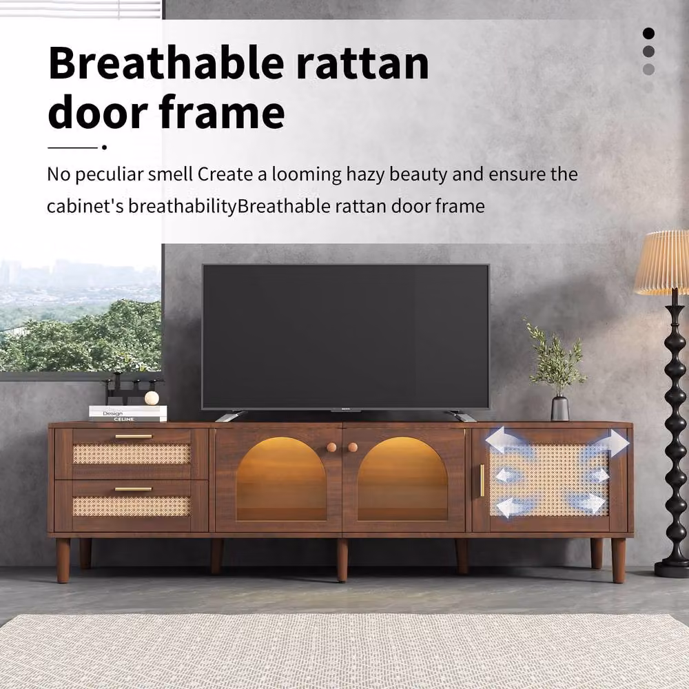 Matteo Brown Rustic Wood TV Cabinet with Rattan Drawers, Glass Doors and Integrated LED Lighting, Width: 180 cm – 3
