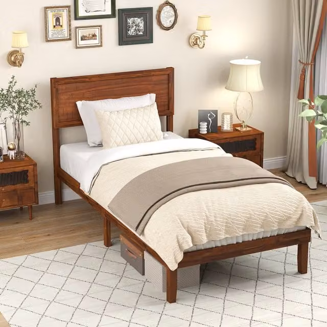 Costway Mid-Century Solid Wood Platform Bed Frame with Drawers in Brown, W/D/H: 90 x 200 cm