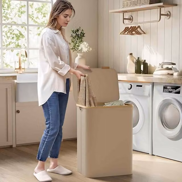 The Bazaarist Double Laundry Hamper with Lid and Removable Mesh Liner, Camel Brown and Beige