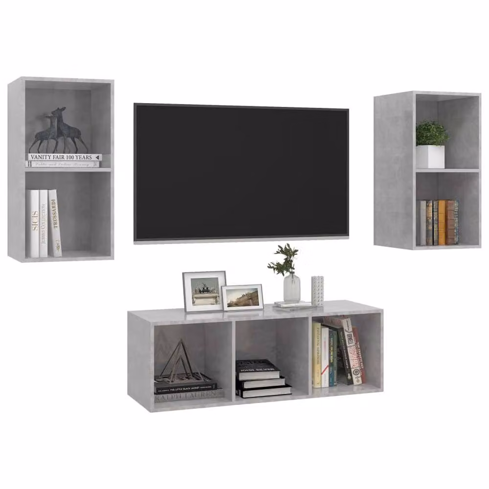 Berkfield Home 3 Piece Modern Wall Mounted TV Cabinet Set in Matt Grey MDF – 3