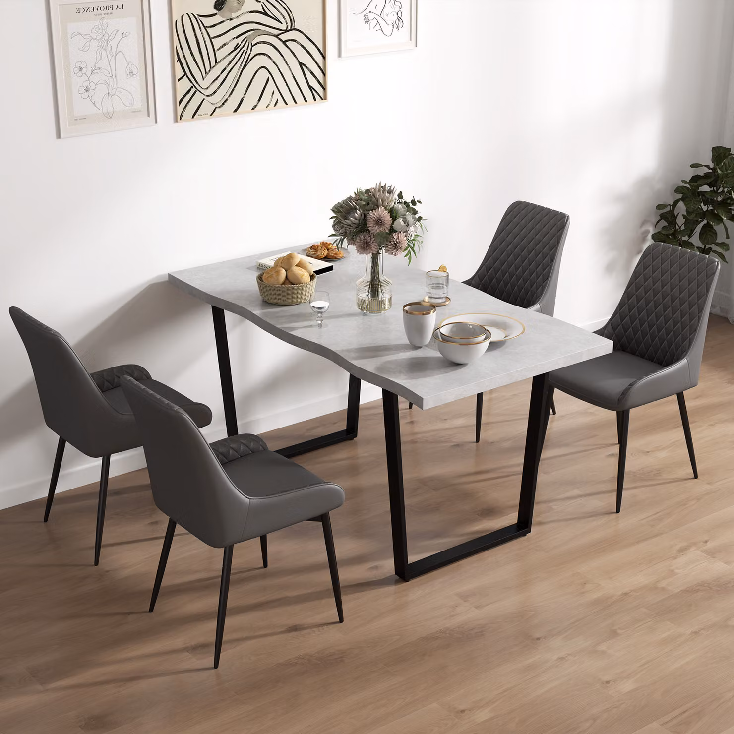 HOMCOM Set of 4 Modern Quilted PU Leather Dining Chairs with Metal Frame in Grey – 2