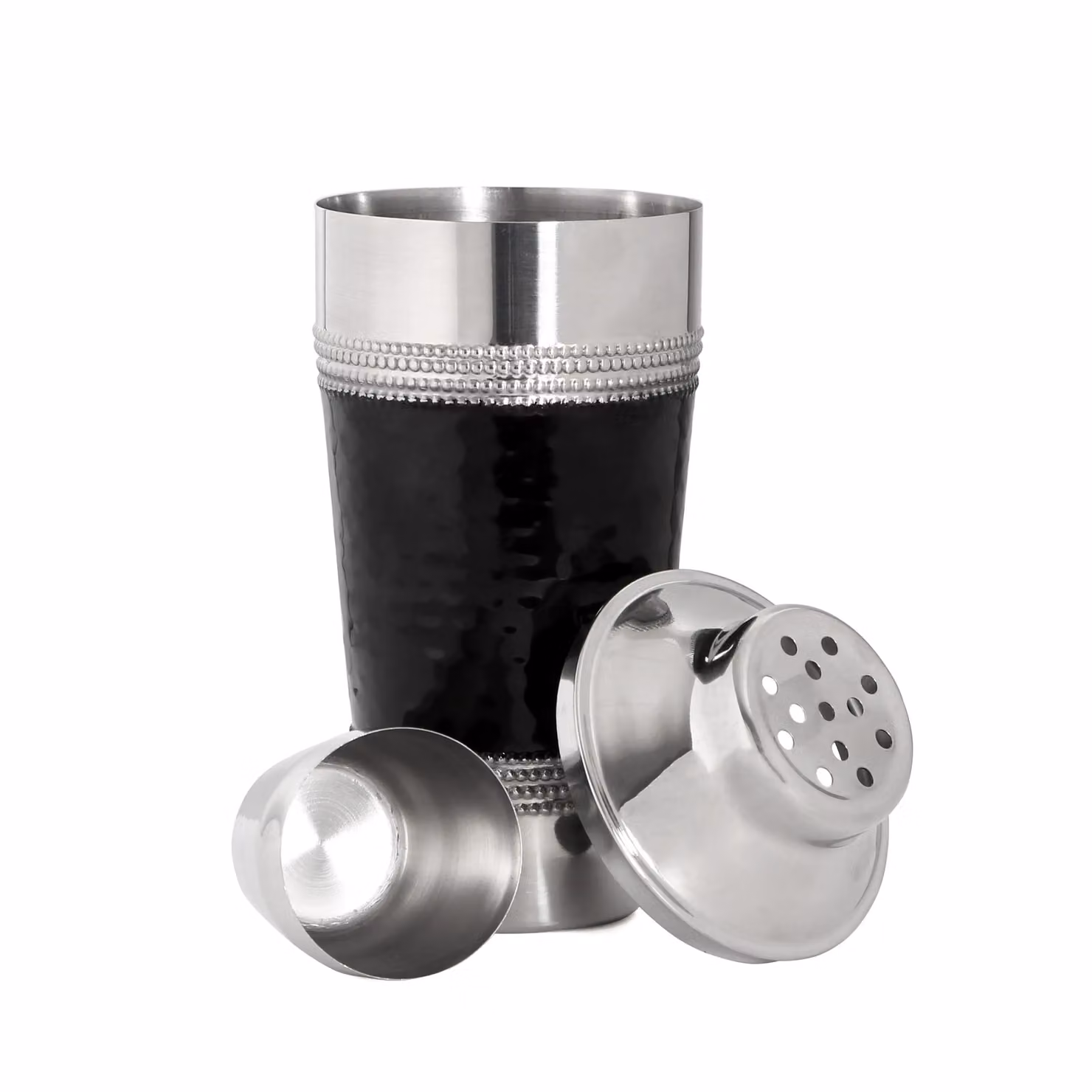 Orsina Stainless Steel Hammered Cocktail Shaker in Black and Silver with Measuring Marks – 3