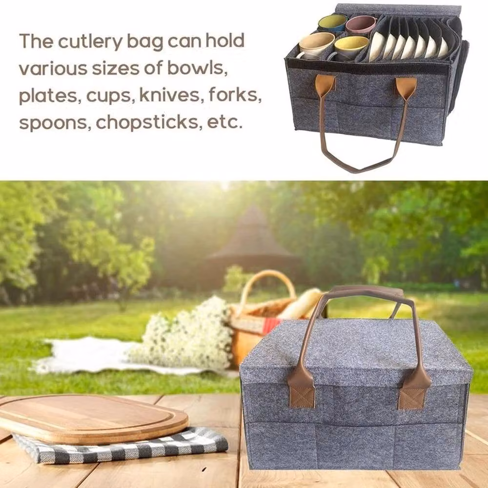 FLAVORA Caravan Felt Plate Holder and Tableware Organiser with Compartments, Grey – 5