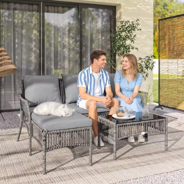 Outsunny 3 Piece Modern Rattan Garden Furniture Set in Grey