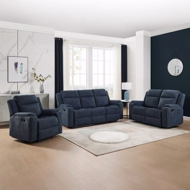More4Homes Orka Blue Fabric Manual Recliner Sofa Set with 1-Seater Armchair, 2-Seater and 3-Seater Sofas – 1