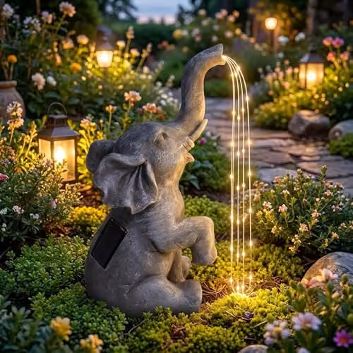 Alivio Solar Elephant Garden Statue, Large Grey and Silver Decorative Animal Figurine with LED Lights, Waterproof Resin Outdoor Ornament – 1