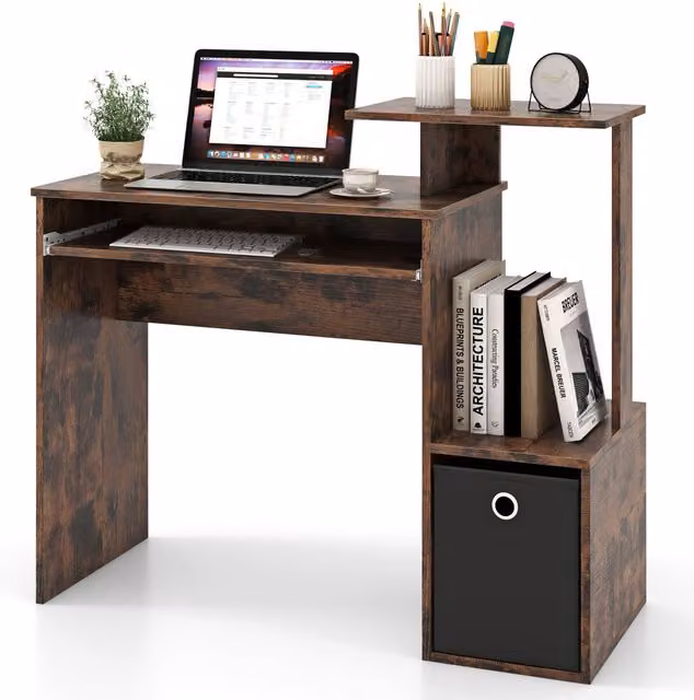 Costway Brown Computer Desk with Open Shelf and Fabric Storage Drawer