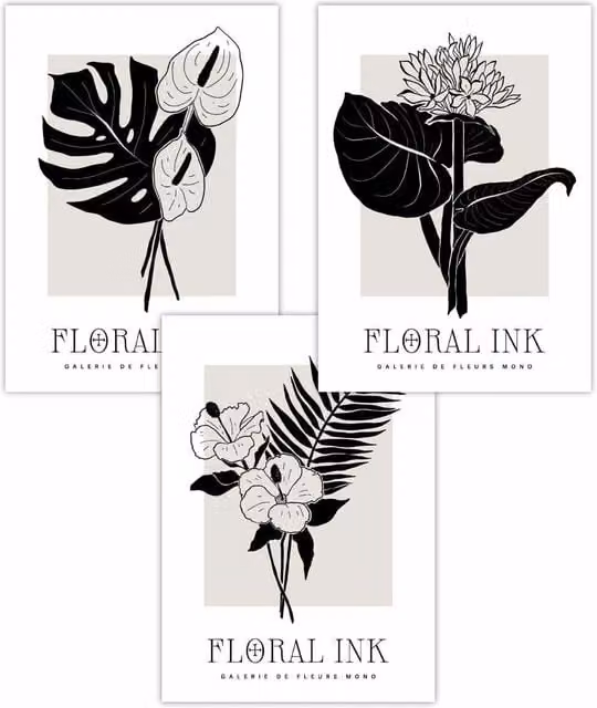 ARTZE Set of 3 Floral Sketch Botanical Leaves Paper Posters in Black, Beige and White, W: 30 cm, H: 42 cm