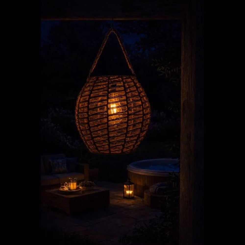 NESTLUNE Solar LED Table Lamp with Brown Rattan Rope Design for Garden, Balcony and Terrace – 5