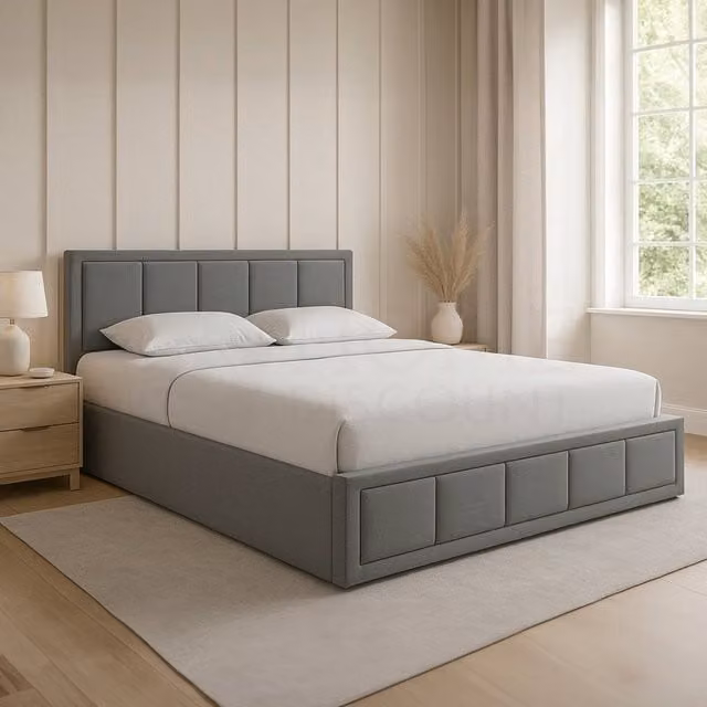 HD Designs Vanita Upholstered Ottoman Storage Bed Frame in Light Grey Linen Fabric, Size: Double (140 x 200 cm) – 1