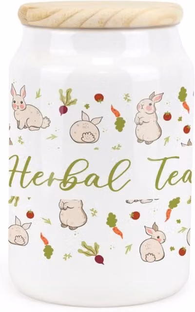 Purely Home Allotment Rabbits Floral Ceramic Herbal Tea Storage Canister, Green and White