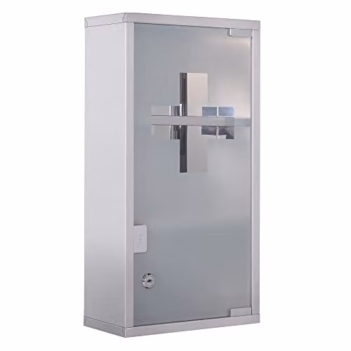 HOMCOM Lockable Stainless Steel Wall Mounted Medicine Cabinet in Silver with Glass Doors and 2 Internal Shelves, H 48 x W 25 x D 12 cm – 1