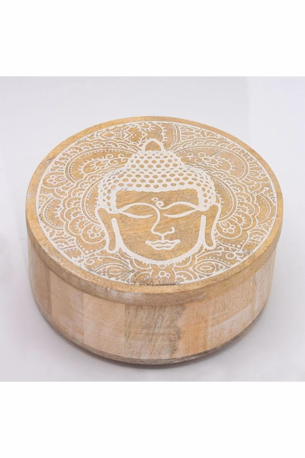 KDMD Round Whitewash Buddha Face Wooden Storage and Decor Box in Brown, W/D/H: 17.5 x 7.5 x 7.5 cm – 2