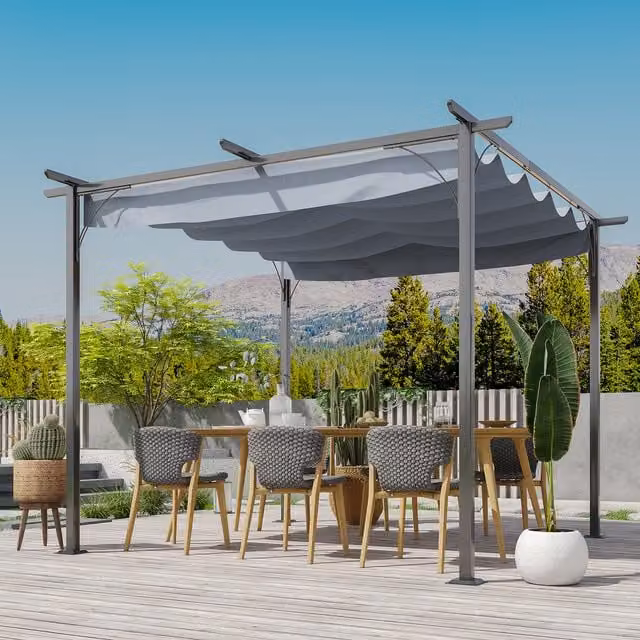 Outsunny Metal Pergola Gazebo with Retractable Canopy, Grey, W: 300 cm x D: 300 cm x H: 300 cm