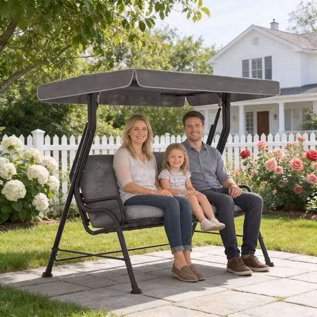 Outsunny 3-Person Metal Porch Swing Chair with UV-Resistant Sun Canopy in Grey
