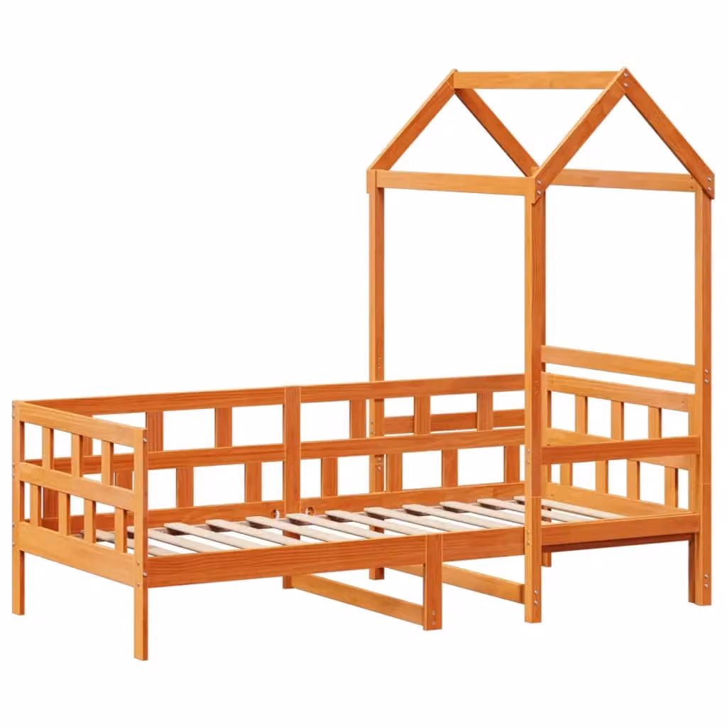 Berkfield Home Solid Wood Childrens Day Bed with Roof in Wax Brown W/D/H: 80 x 200 cm – 2