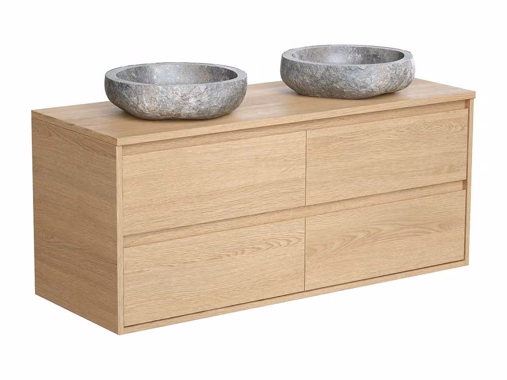 Milipam Scandinavian Style Bathroom Furniture with Double Stone Basin in Light Oak, W: 120 cm, D: 45 cm, H: 50 cm – 2
