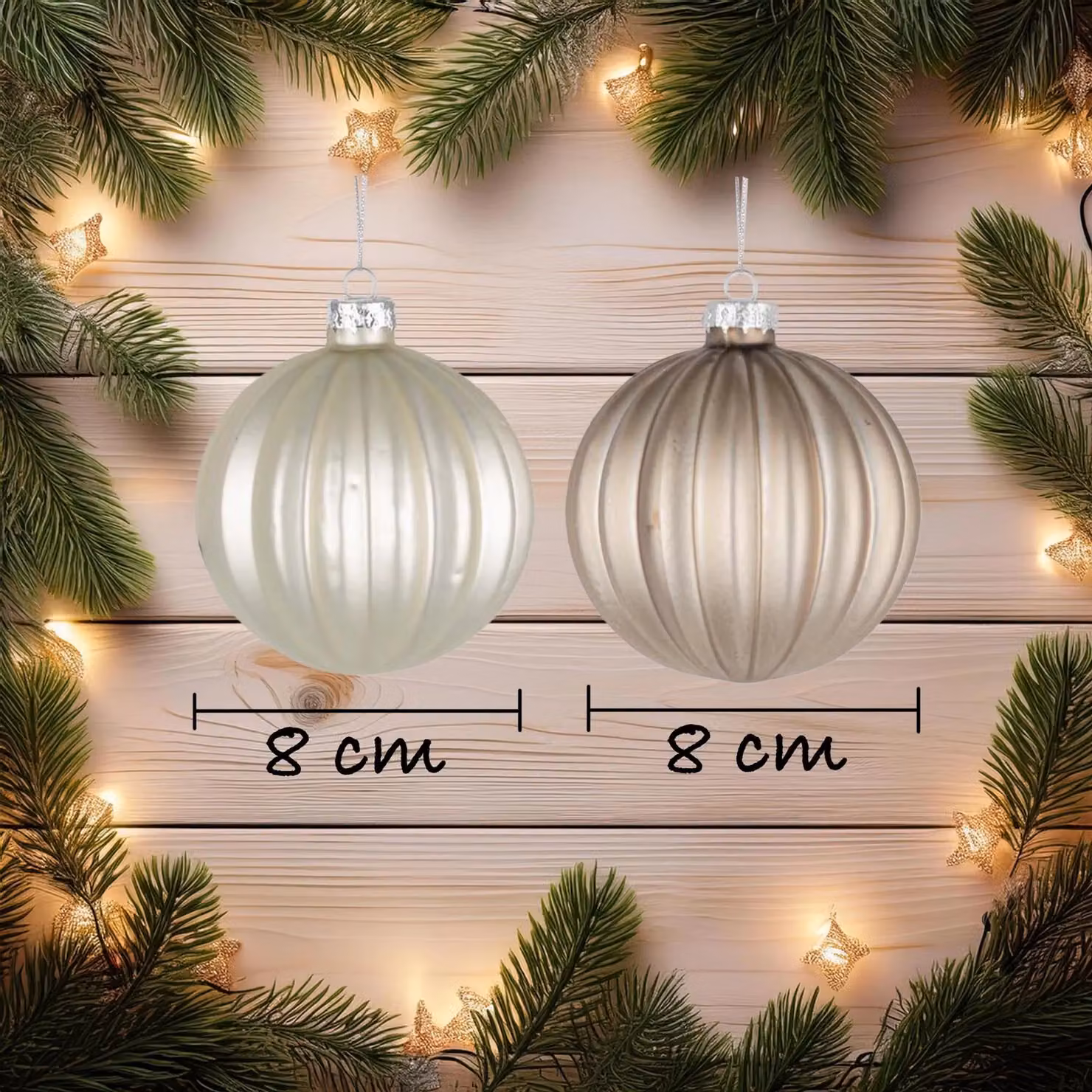 Shatchi 12-Piece Set of Modern Geometric Glass Baubles in White and Silver, Diameter: 8 cm – 9