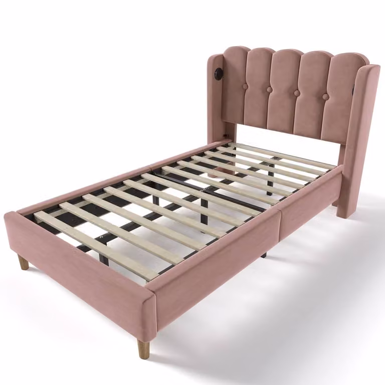 Rolipo Pink Velvet Single Bed Frame with USB Charging, W: 90 cm, D: 190 cm