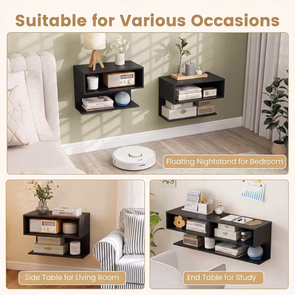VOGREX Set of 2 Modern Wall-Mounted Bedside Tables in Black Metal and Glass – 4