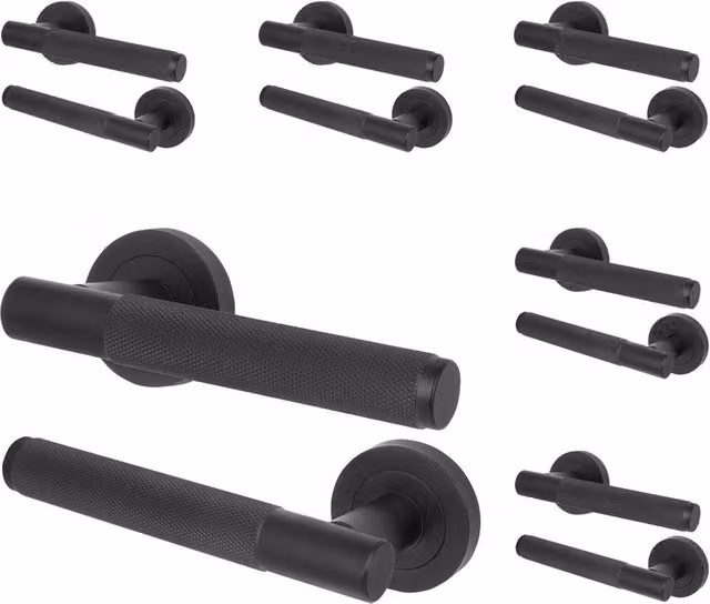 AFIT Matt Black Knurled Internal Lever Door Handles with Round Rose, 6 Pairs