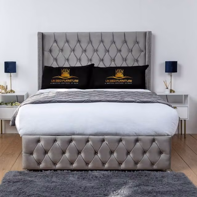 UK Bed Furniture Jasmine Wingback Divan Bed Base with 54 Inch Headboard in Grey, W/D/H: 200 x 200 cm