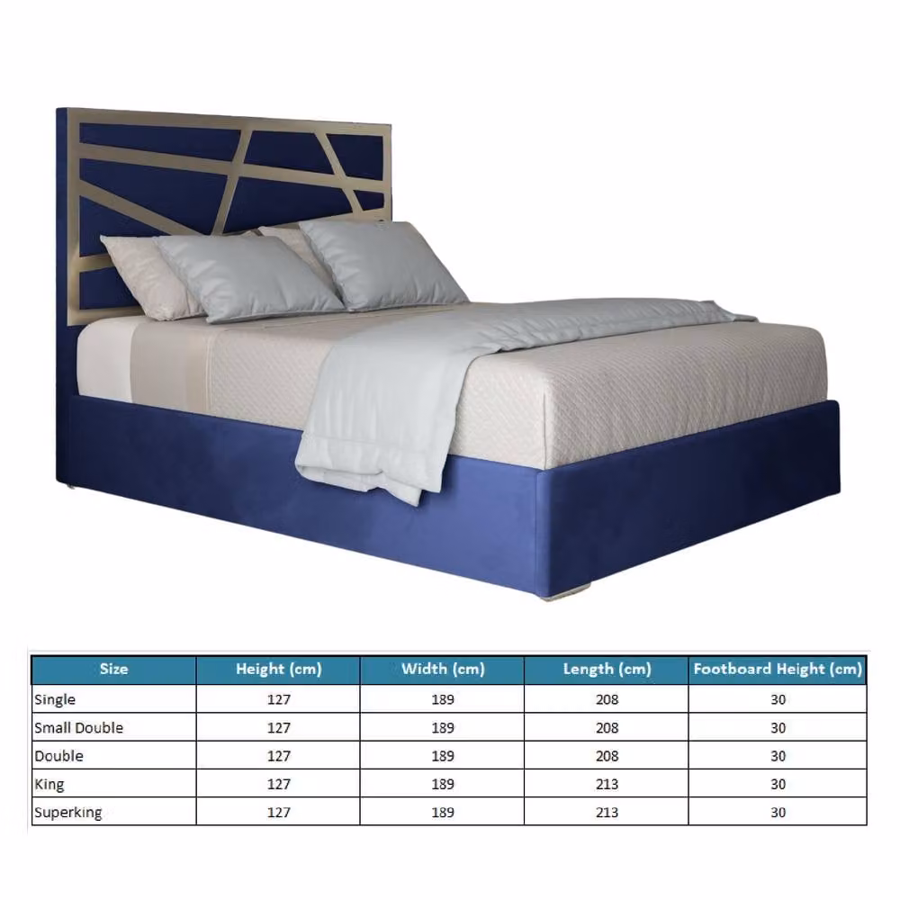 KDMD Fremington Super King Upholstered Velvet Designer Bed Frame in Blue with Metal Details, H 189 cm x W 200 cm x D 127 cm – 5