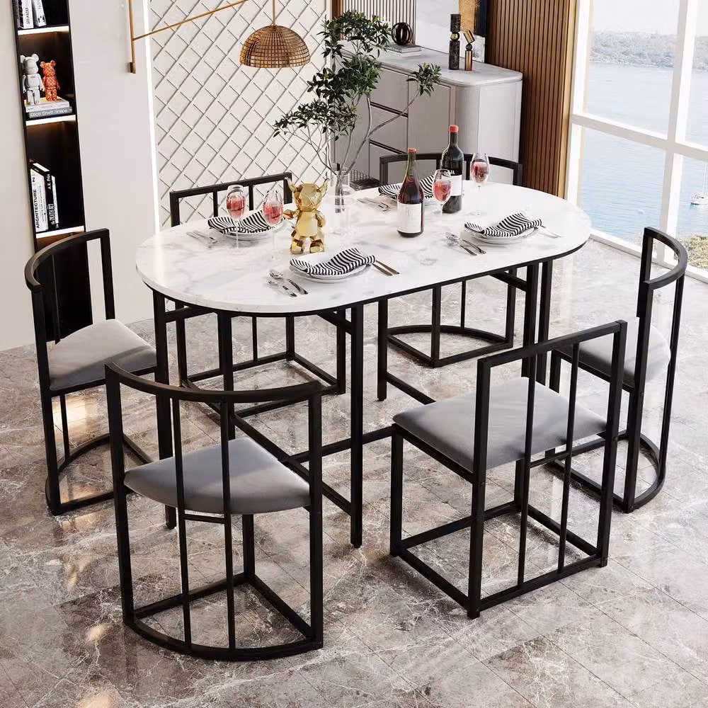 Fascinate Modern 6-Seater Dining Set with White Oval Glossy Table and Grey Cushions – 2