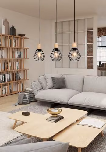 Eglo Palmorla 3-Light Industrial Pendant Lamp in Black and Wood – 3