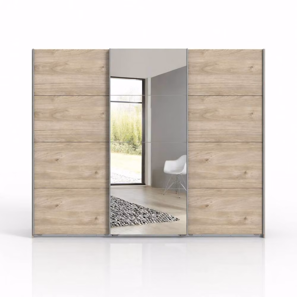 KDMD Ernie 3 Door Mirrored Sliding Wardrobe in Hickory Oak Brown, Width: 270 cm – 2