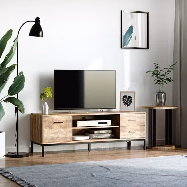 HOMCOM Industrial TV Stand with Open Storage and Drawers in Brown and Black