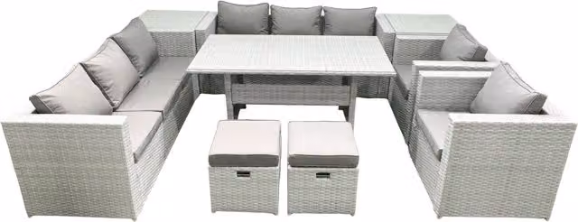 Fimous 8 Seater Rattan Garden Furniture Set with Dining Table, 2 Chairs, 2 Side Tables and 2 Footstools in Light Grey