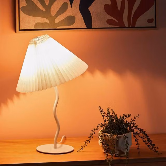 Wyld and Coco White Table Lamp with Synthetic Pleated Shade and Metal Base