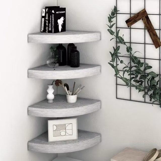 Berkfield Home Wall Mounted Corner Shelves, 4 Piece Set in Concrete Grey MDF, W/D/H: 25 x 25 x 3.8 cm – 1