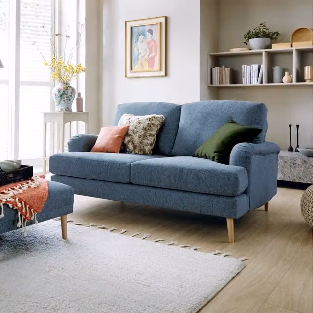 Abakus Direct Harper 2 Seater Upholstered Fabric Sofa in Dark Blue with Removable Covers and Scatter Cushions