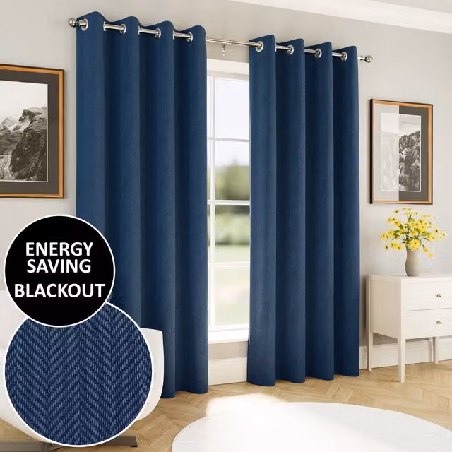 Enhanced Living Chester Herringbone Jacquard Blackout Eyelet Curtains, Blue, Width: 229 cm